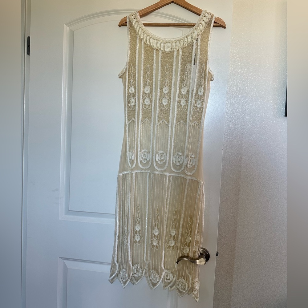 Unique Vintage bridal beaded flapper dress, size L NWT